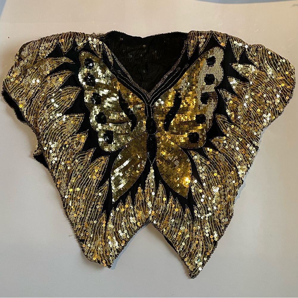 Vintage 70s 80s Gold Black Sequin Butterfly Disco Crop Top